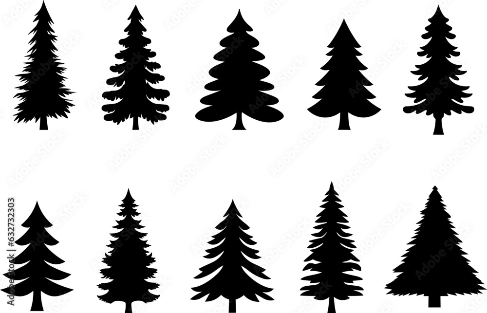 Obraz premium Set of Christmas tree vector black icon.Simple flat chriasmas tree collection .Pine tree.