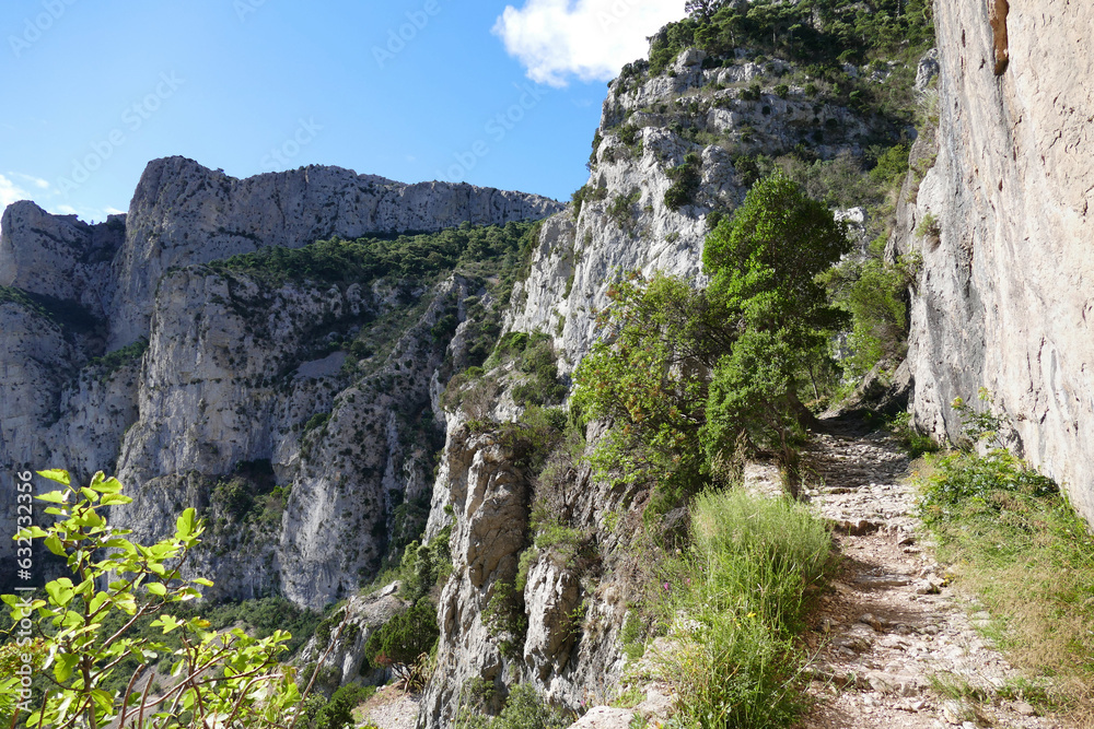 hiking trail in the mountains of France, near St. Guilhem-le-desert