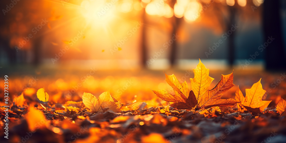 Beautiful Autumn Fall Landscape with Yellow, Orange Leaves and Sun. Colourful Foliage in the Park. Falling Leave Natural Background with Copy Space. Generative AI.