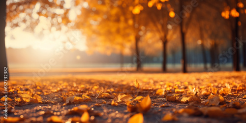 Beautiful Autumn Fall Landscape with Yellow  Orange Leaves and Sun. Colourful Foliage in the Park. Falling Leave Natural Background with Copy Space. Generative AI.