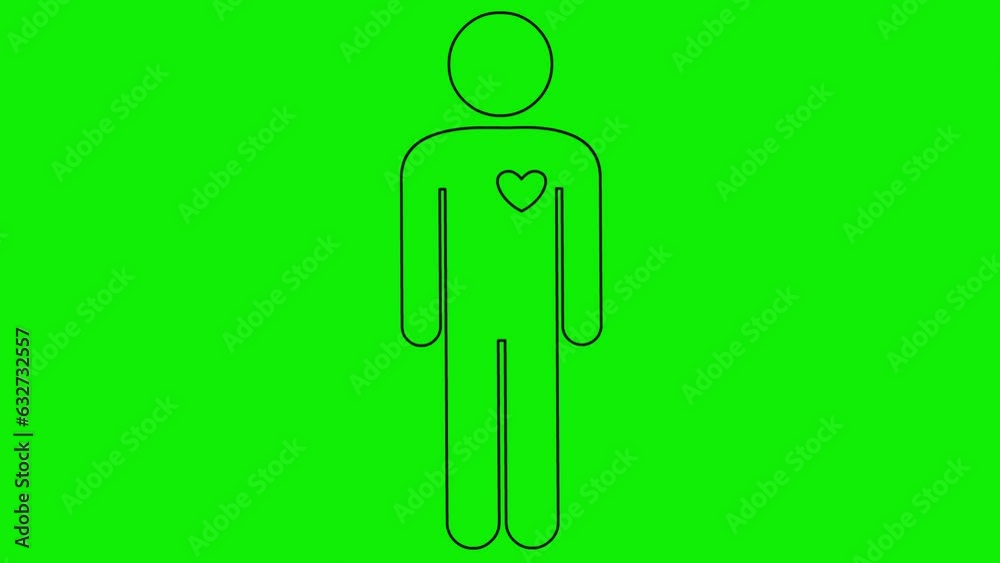 Animated black linear symbol of person. Looped video of beating heart. People icon. Heart pounding. Vector illustration isolated on green background.
Animated black linear symbol of person. Looped video of beating heart. People icon. Heart pounding. Vector illustration isolated on green background.
