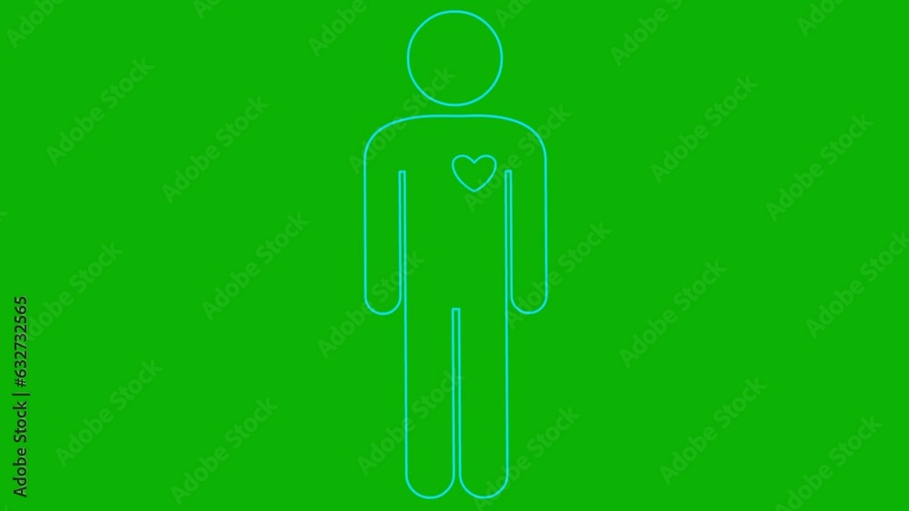 Animated blue linear symbol of person. Looped video of beating heart. People icon. Heart pounding. Vector illustration isolated on green background.