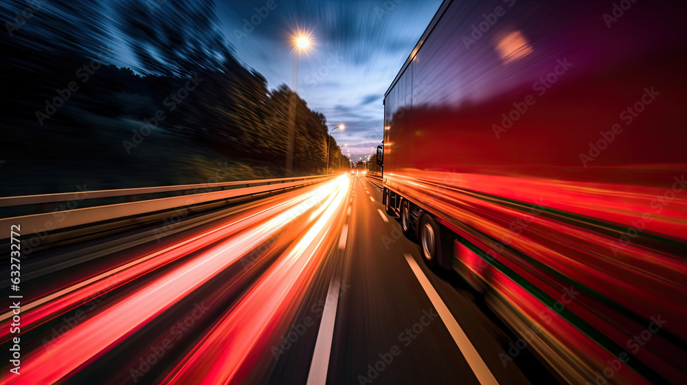 Trucks on highway, street in night time. Motion blur, light trails. Transportation, logistic. Timelapse, hyperlapse of transportation. Abstract soft glowing lines. Ai generative Trucks on highway, street in night time. Motion blur, light trails. Transportation, logistic. Timelapse, hyperlapse of transportation. Abstract soft glowing lines. Ai generative