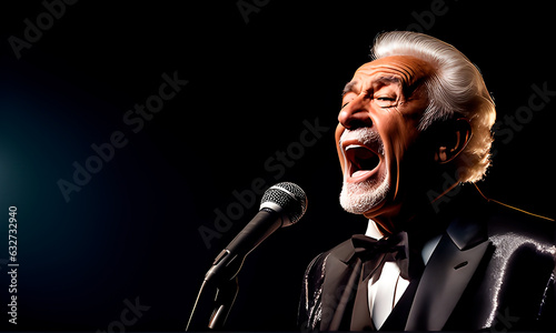 An old man singing opera on a black background with large copy space.