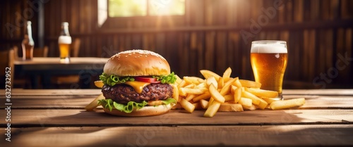 Big tasty burger and fries with beer on background on the wooden table