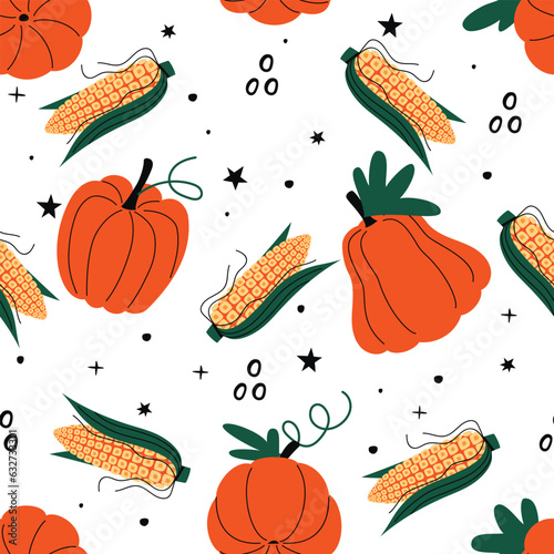Pumpkins and corn cobs seamless pattern.Vegetable background with doodle elements.Orange,yellow and green colors on white.Fruit print on fabric and paper.Vector cartoon flat style illustration.
