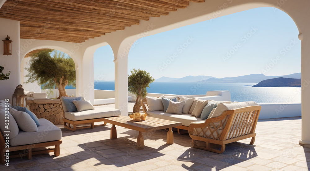 sea ​​view terrace with table and chairs generativa IA