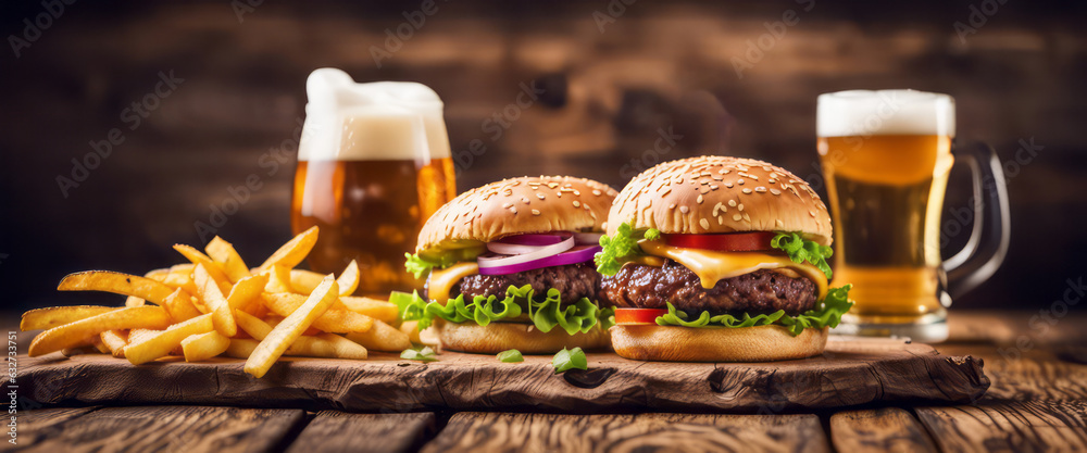Big tasty burger and fries with beer on background on the wooden table Big tasty burger and fries with beer on background on the wooden table