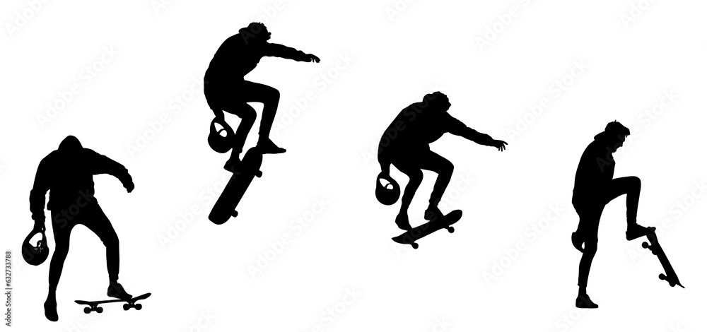 Black silhouettes of skateboarders riding and jumping on skateboards. A set of figures of athletes isolated on a white background. Illustration. Black silhouettes of skateboarders riding and jumping on skateboards. A set of figures of athletes isolated on a white background. Illustration.