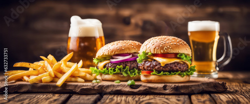 Big tasty burger and fries with beer on background on the wooden table