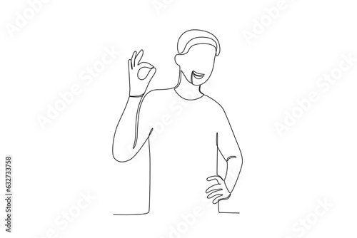 A man smiles while making an okay pose. World smile day one-line drawing