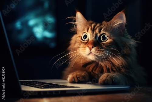 Funny domestic cat pet working on a laptop computer with screen illuminating its face at nighttime
