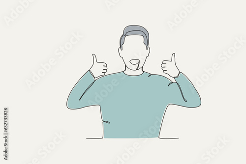 Color illustration of a smiling man giving both thumbs up. World smile day one-line drawing