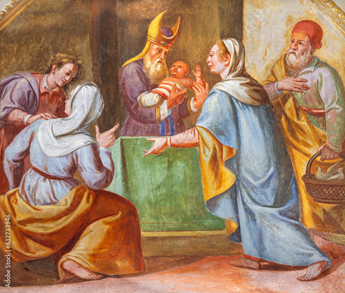 GENOVA, ITALY - MARCH 6, 2023: The fresco of Presentation of Jesus in the Temple in church Chiesa di Santa Caterina from 16 cent..