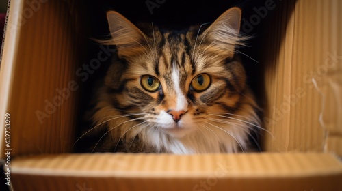 three-coloured longhair cat sitting in a carton box © Flowal93