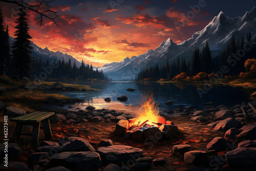 campfire surrounded by the breathtaking colors of fall in a remote wilderness setting Generative AI