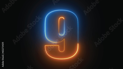 Number nine glowing in the dark, pink blue neon light, Shine number nine, the best digital symbol, 3d render, Education concept.