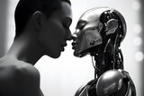 Woman and humanoid robot being close and having intensive feelings for each other, human machine interaction