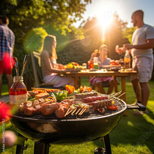 a photo of a family and friends having a picnic barbeque grill in the garden. having fun eating and enjoying time. sunny day in the summer. blur background, AI Generated