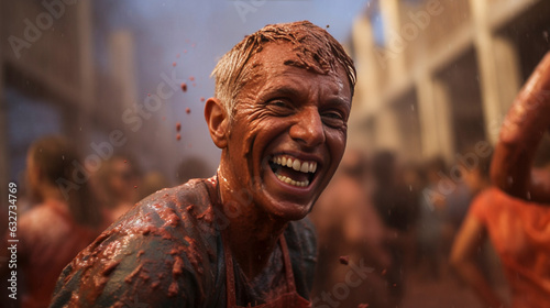 AI generated, male participant of the famous tomatina festival in Valencia, Spain, People throuwing tomatoes. Summer festival. People shouting and laughing. Famous festival with tomato vegetables. photo