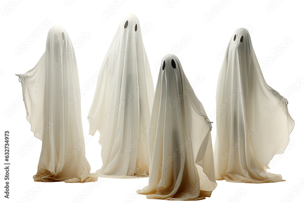 White sheets ghost or cloth ghost dress up for Halloween festival party event isolated on clean png background, trick or treat concept, with Generative Ai. White sheets ghost or cloth ghost dress up for Halloween festival party event isolated on clean png background, trick or treat concept, with Generative Ai.