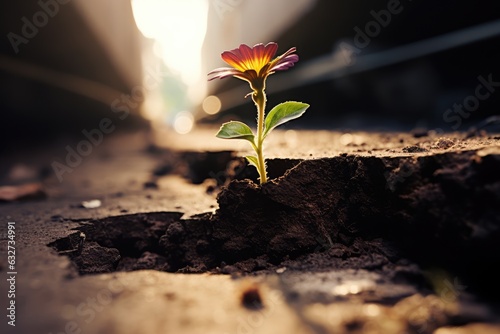 A flower growing from a crack in the abandoned asphalt photo