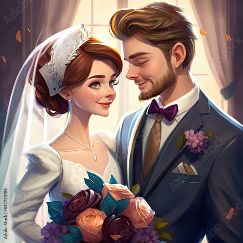 Lovely couple in wedding gown, bride ai generated