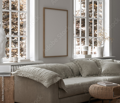 Frame mockup in contemporary minimalist room interior, 3d render