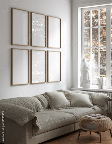 Stampa su tela Frame mockup in contemporary minimalist room interior, 3d render