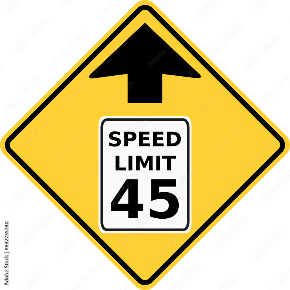 Vector graphic of a usa speed limit ahead highway sign. It consists of a black arrow above the speed limit within a black and yellow square tilted to 45 degrees Vector graphic of a usa speed limit ahead highway sign. It consists of a black arrow above the speed limit within a black and yellow square tilted to 45 degrees