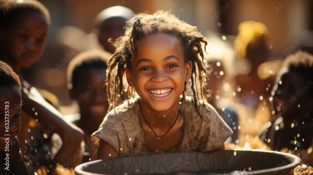Portrait of a smiling african girl bathing in water from a bowl at Himba village near Etosha National Park in Namibia, Africa. - obrazy, fototapety, plakaty 