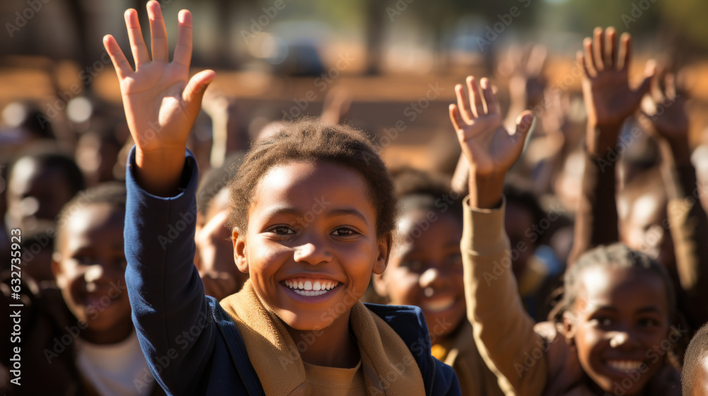 Portrait of happy african schoolgirl raising hands at Africa outdoor school. Portrait of happy african schoolgirl raising hands at Africa outdoor school.