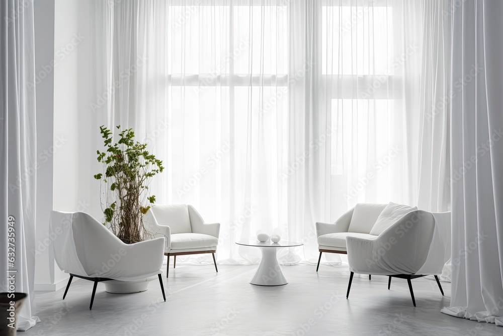 A modern empty white living room's interior design has an empty white wall texture. Generative AI A modern empty white living room's interior design has an empty white wall texture. Generative AI
