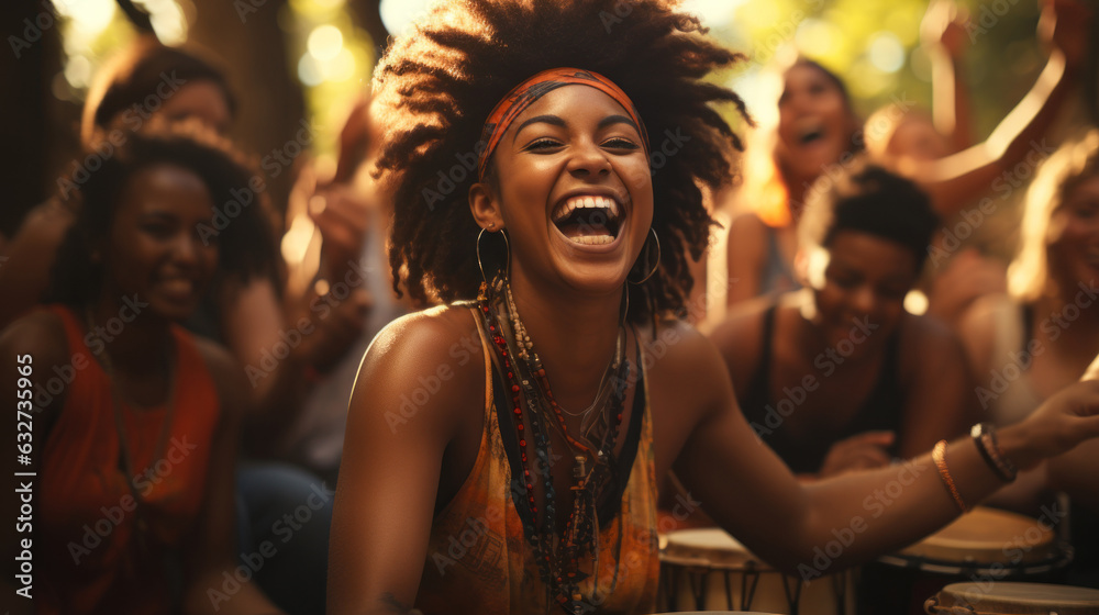 Young african woman playing drums in local music festival Ivory Coast, Daloa, Zaoul dance.