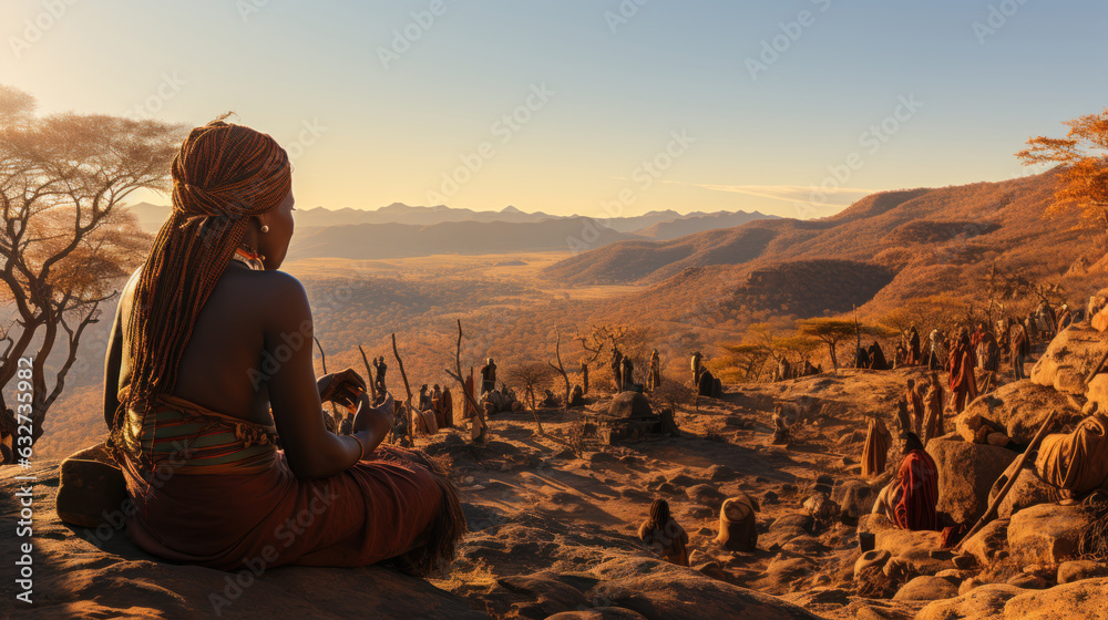 Beautiful young african Himba woman sitting on the top of a mountain Namibia, Africa. Beautiful young african Himba woman sitting on the top of a mountain Namibia, Africa.