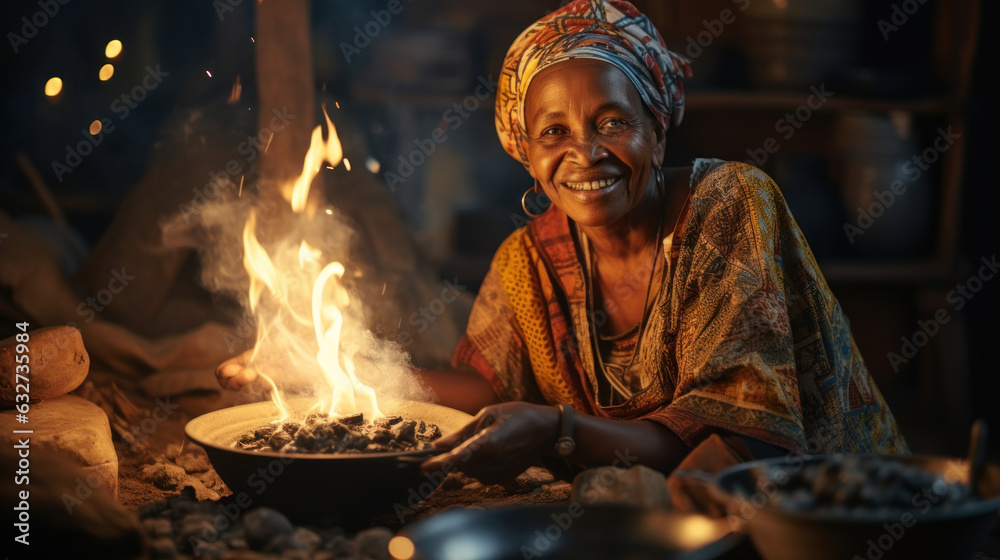 Portrait of a old African woman sitting at the fire in her kitchen. Zanzibar, Tanzania. - obrazy, fototapety, plakaty 