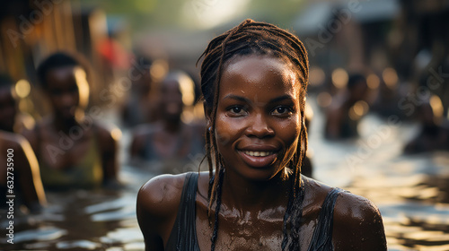 Fotografie, Tablou Portrait of a beautiful young african woman with braids standing in the water Chad, Sahel, Africa