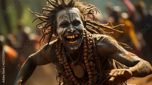 Unidentified african man with painted face and dreadlocks dance Diani Beach, Kenya Mombasa. photo