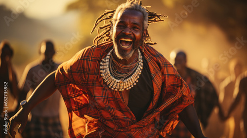 Portrait of happy African Maasai man with dreadlocks dancing. photo