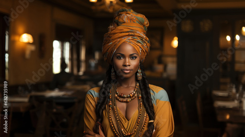 Beautiful african woman in turban at africa restaurant in Lagos Nigeria.