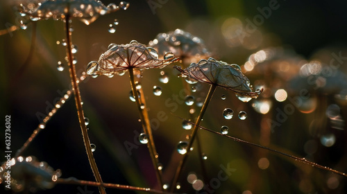Focus on the delicate details of dewdrops reflecting sunlight. Use textures to enhance the sparkle and capture the ethereal beauty of nature. "Glistening Dewdrops, Textures, bokeh 