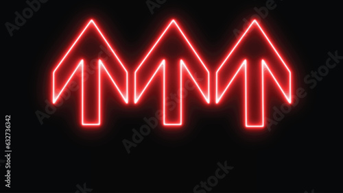 Glowing red three neon arrow upward direction on black background. Bright neon up abstract directional icon. vector, neon glowing arrows. Direction banner. Futuristic light on black background.
