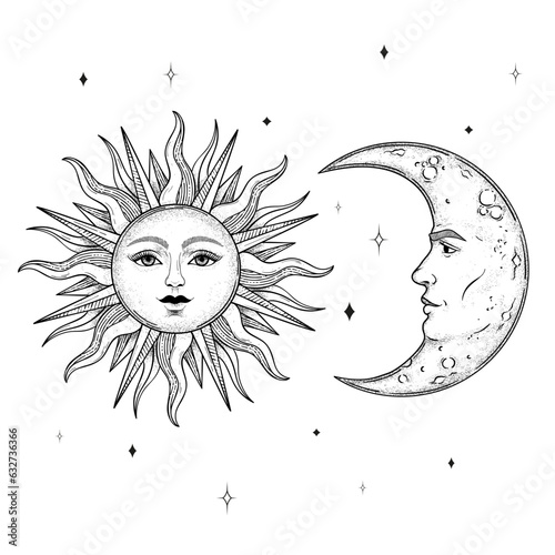 Vector vintage sun and crascent moon with a face, stars, engraving style, esoteric and occult magic signs isolated on white background