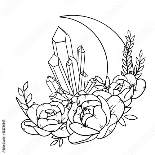 Vector line art mystical celestial magic witchcraft elements. Esoteric crescent moon, crystals, peony roses, leaves, line art.