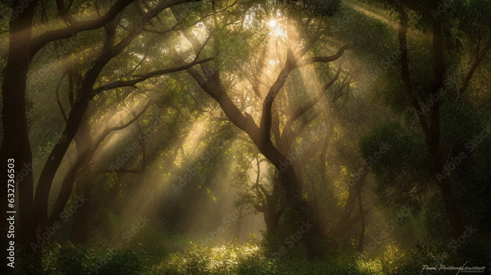 Photograph rays of sunlight streaming through a canopy of trees, enhancing the beams with light textures. The bokeh effect adds a dreamy and ethereal quality. "Sunbeam Symphony, Te  - obrazy, fototapety, plakaty 