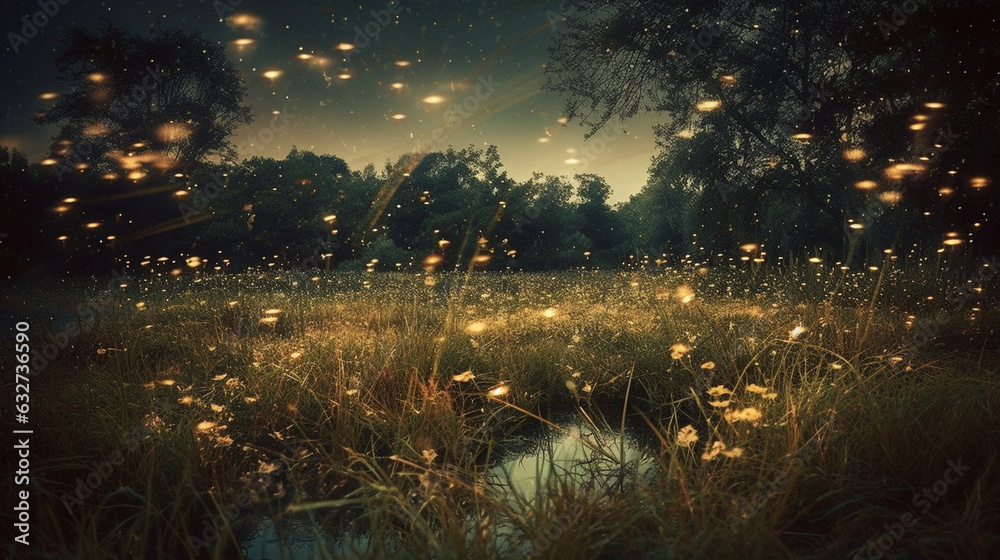Photograph a serene landscape with fireflies floating in the air. Use textures to enhance their soft glow and create a dreamlike ambiance. The bokeh effect adds a sense of enchantm 