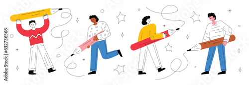 Different people with a big pencil. A symbol of drawing, content creation, writing, design, blogging. Hand-drawn doodle vector illustration.