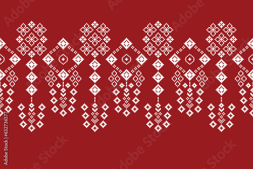 Ethnic geometric fabric pattern Cross Stitch.Ikat embroidery Ethnic oriental Pixel pattern red background. Abstract,vector,illustration. Texture,clothing,frame,decoration,motifs,silk wallpaper.