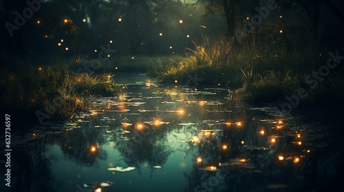 Photograph a serene landscape with fireflies floating in the air. Use textures to enhance their soft glow and create a dreamlike ambiance. The bokeh effect adds a sense of enchantm 