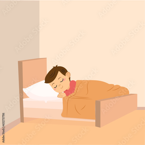 boy sleeping, bedtime, pink background, bedroom, flat design, vector illustration